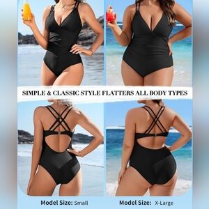 Charmo Tummy control one piece swimsuit Ruched Strappy V Neck NWT SZ MED…